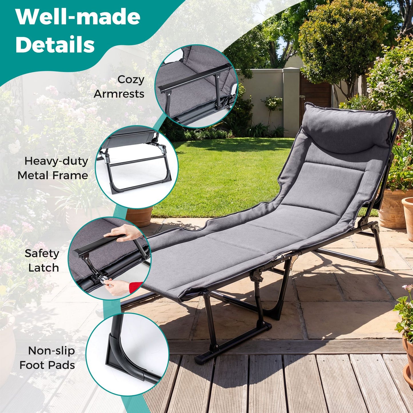 Folding Camping Cot Comfy Padded Convertible Metal Chaise Lounge Sleeper Bed