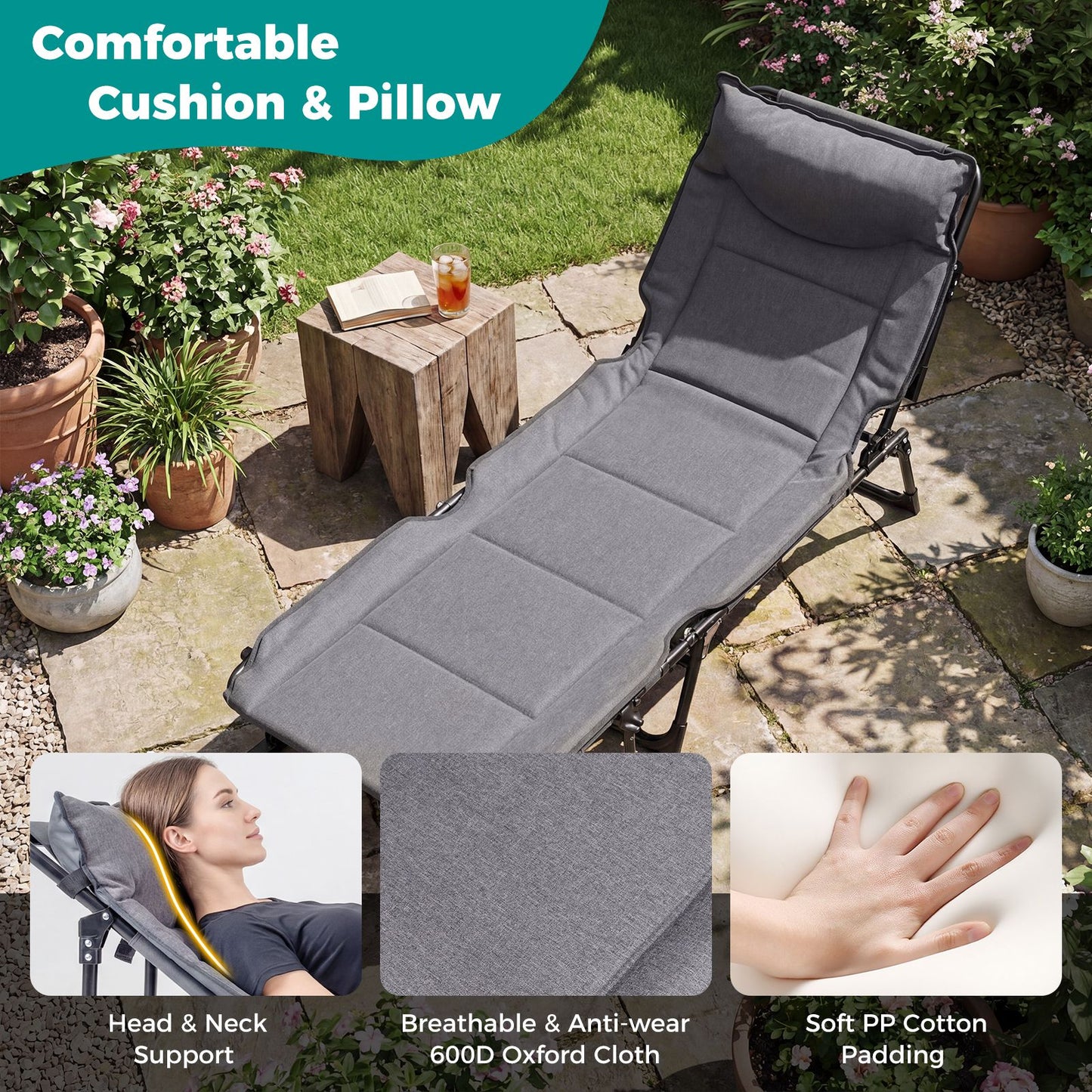 Folding Camping Cot Comfy Padded Convertible Metal Chaise Lounge Sleeper Bed