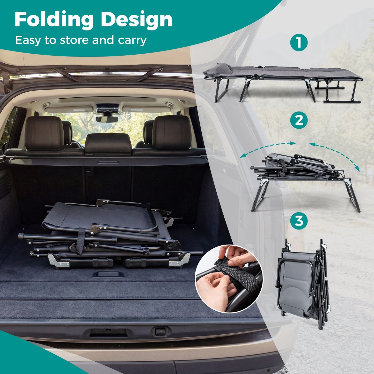 Folding Camping Cot Comfy Padded Convertible Metal Chaise Lounge Sleeper Bed