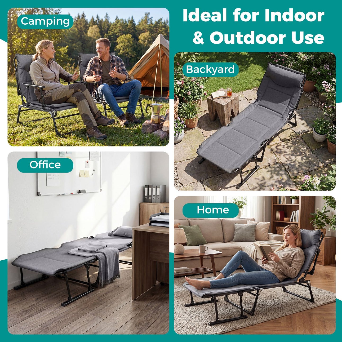 Folding Camping Cot Comfy Padded Convertible Metal Chaise Lounge Sleeper Bed