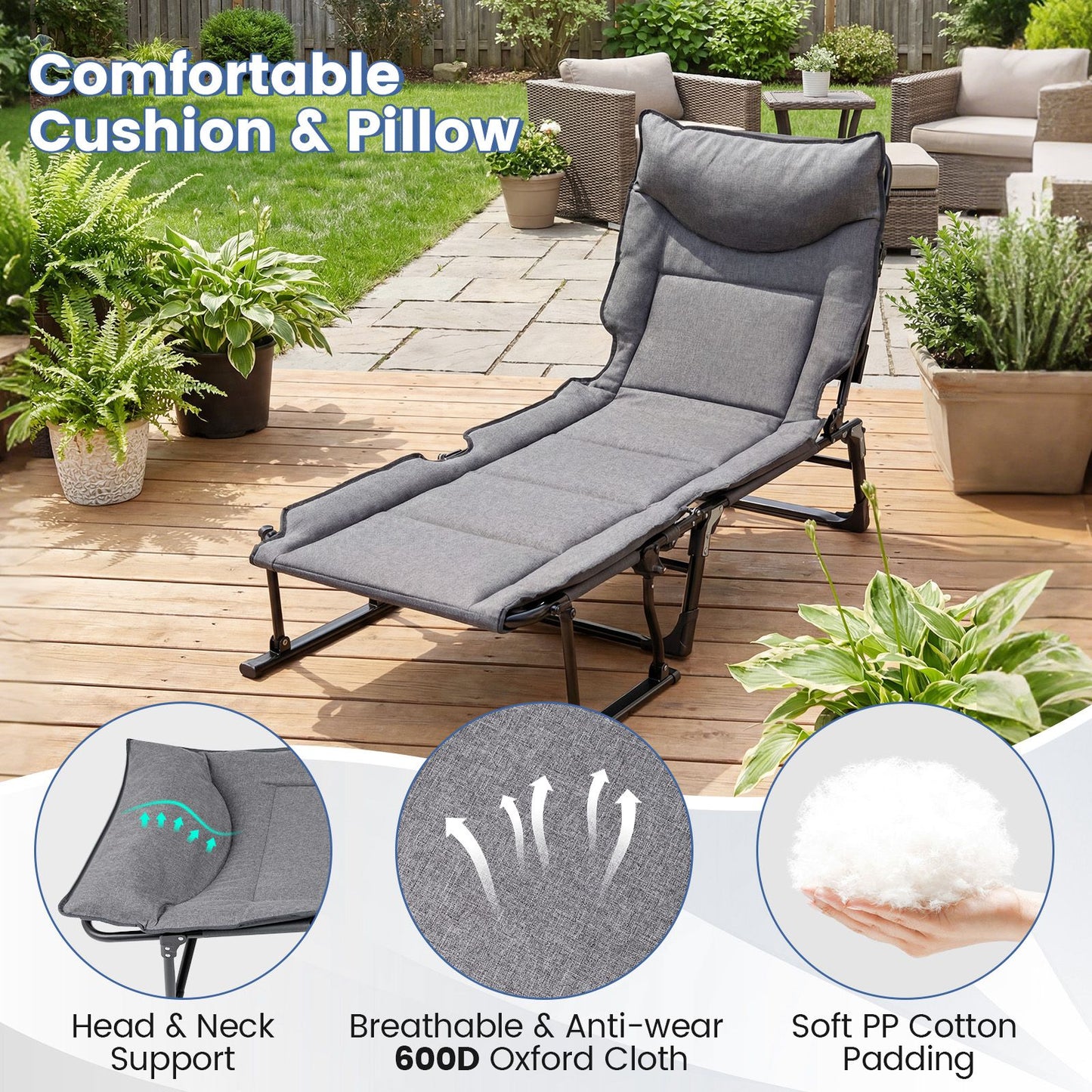 3 in 1 Folding Camping Cot Comfy Padded Convertible Single Sofa Chair