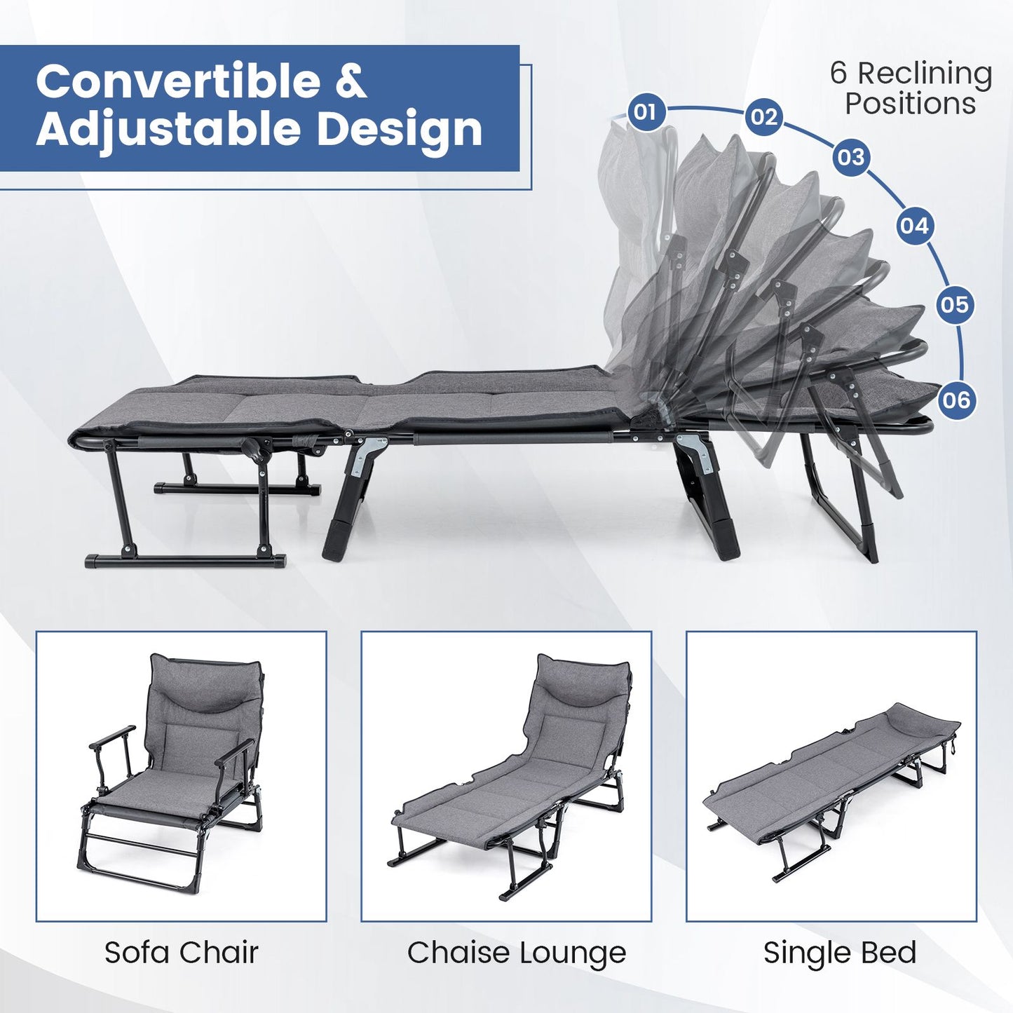 3 in 1 Folding Camping Cot Comfy Padded Convertible Single Sofa Chair
