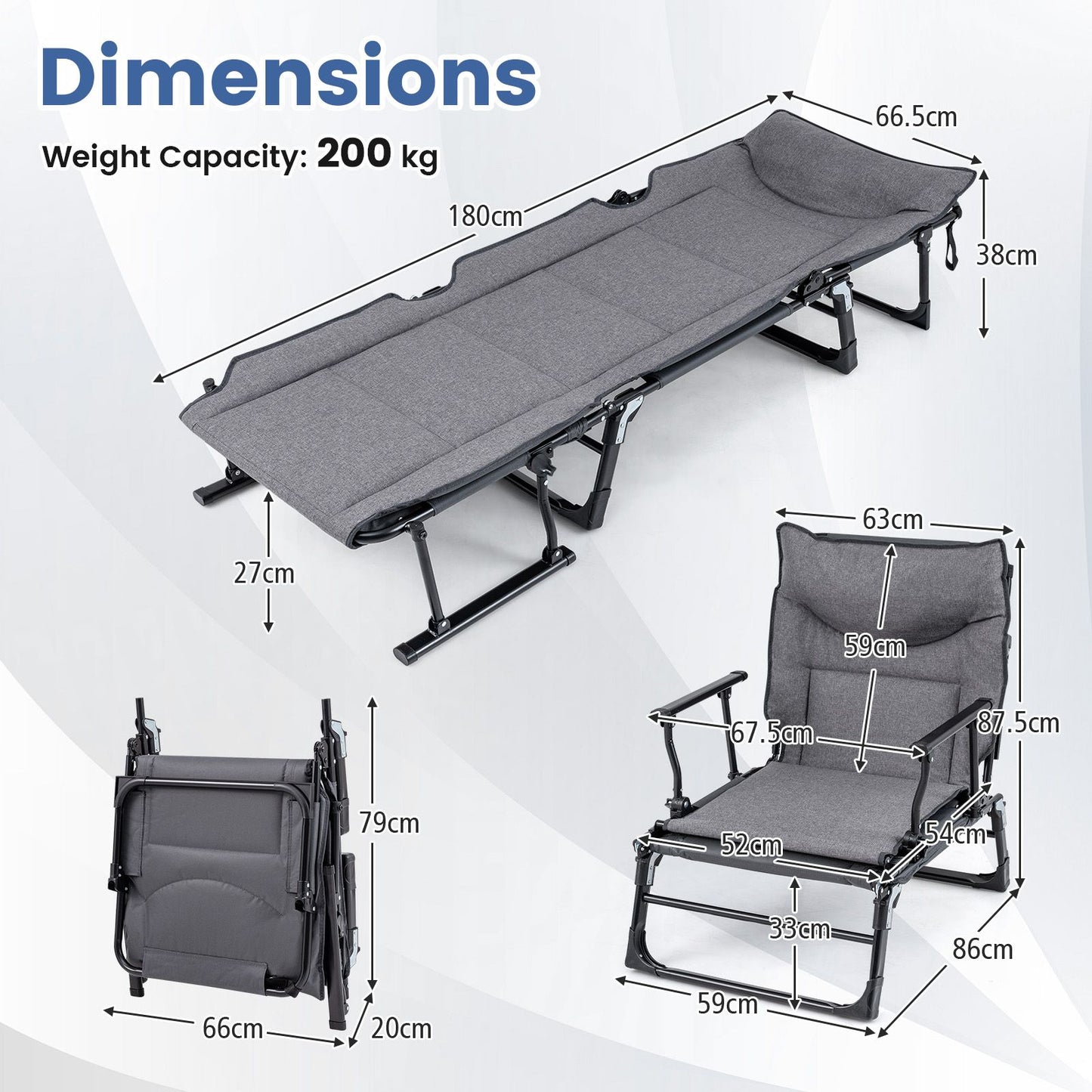 3 in 1 Folding Camping Cot Comfy Padded Convertible Single Sofa Chair