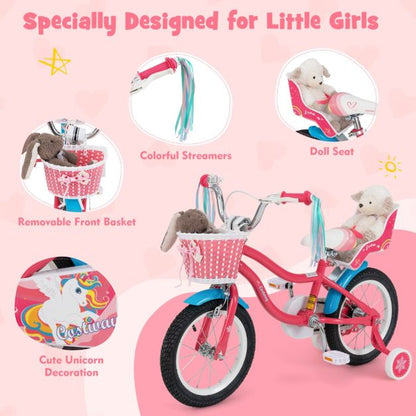 14/16 Inch Kids Bicycle with Training Wheels and Front Handbrake