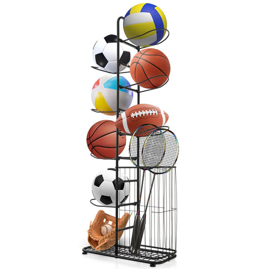 7-Tier Basketball Ball Storage Rack with 7 Removable Rods and Baskets