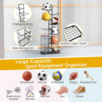 7-Tier Basketball Ball Storage Rack with 7 Removable Rods and Baskets