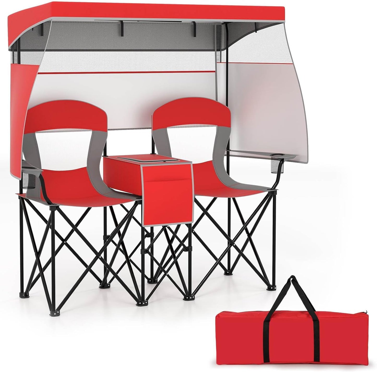 Double Beach Chair with Adjustable Canopy and 3 -Side Shading Curtains