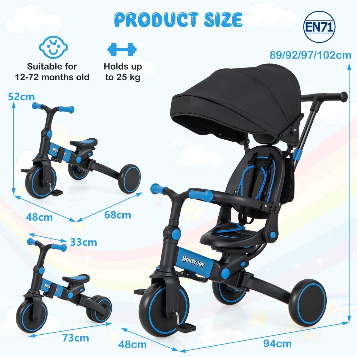 8-in-1 Kids Tricycle with Adjustable Push Handle & Canopy
