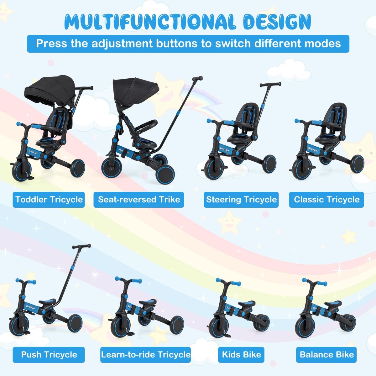 8-in-1 Kids Tricycle with Adjustable Push Handle & Canopy