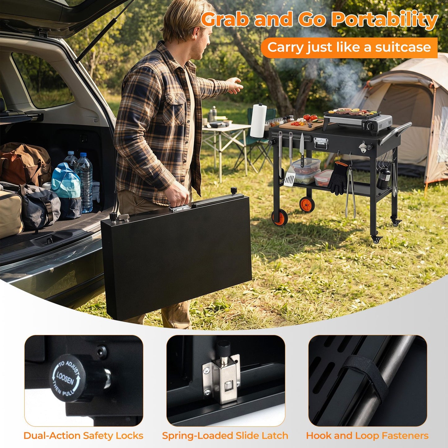 82 x 46 cm Folding Grill Cart with Heat-Resistant Mat and Lockable Wheels