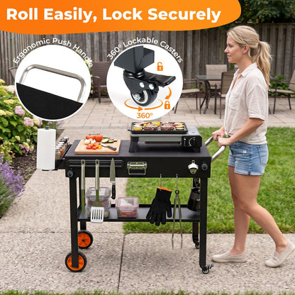 82 x 46 cm Folding Grill Cart with Heat-Resistant Mat and Lockable Wheels