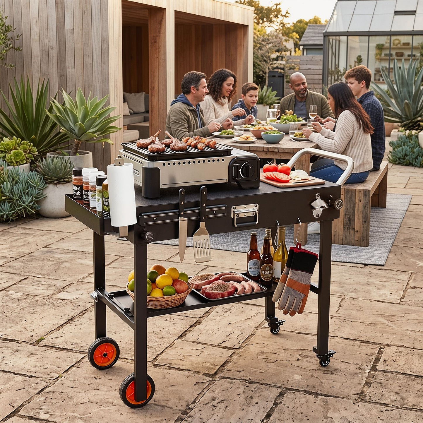 82 x 46 cm Folding Grill Cart with Heat-Resistant Mat and Lockable Wheels
