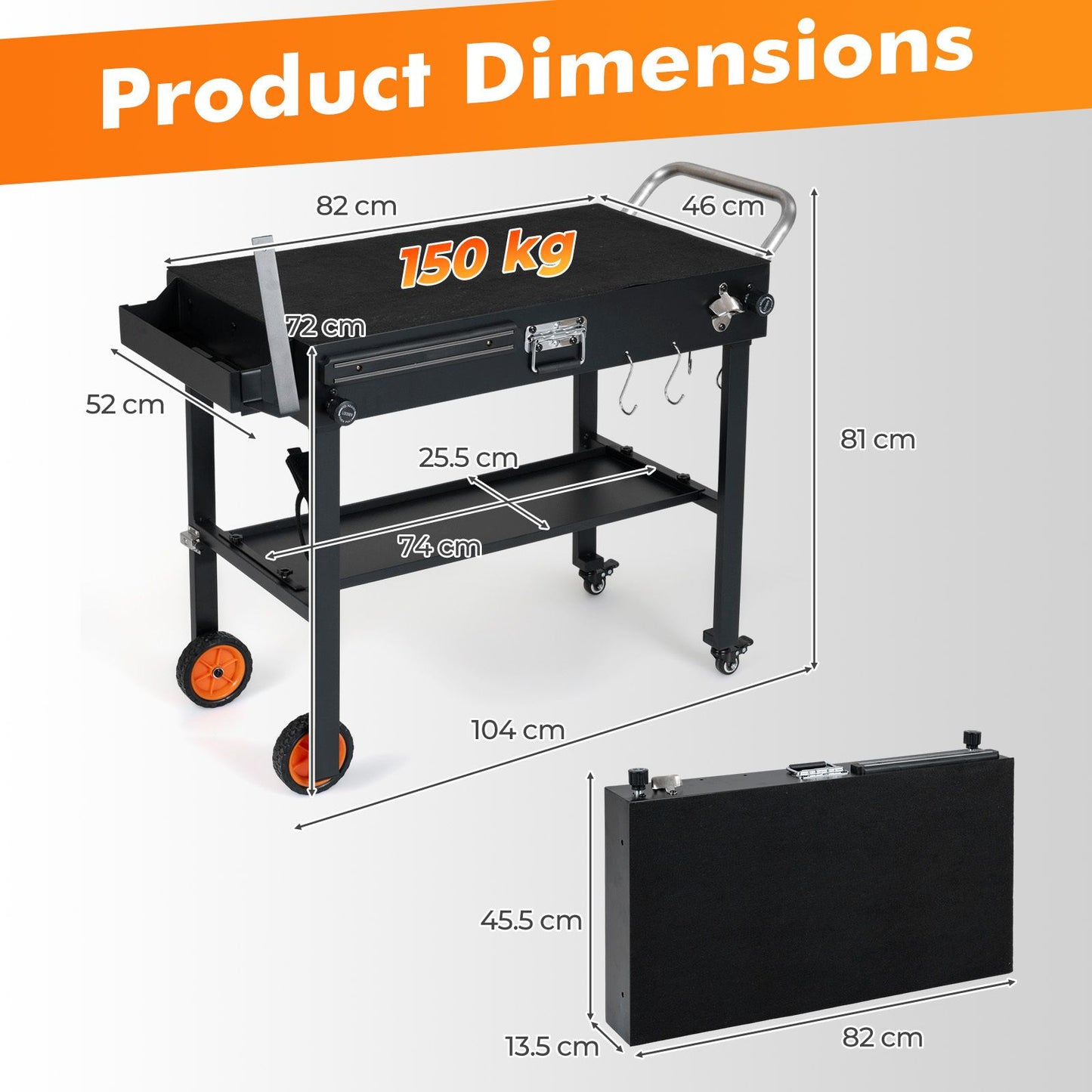 82 x 46 cm Folding Grill Cart with Heat-Resistant Mat and Lockable Wheels