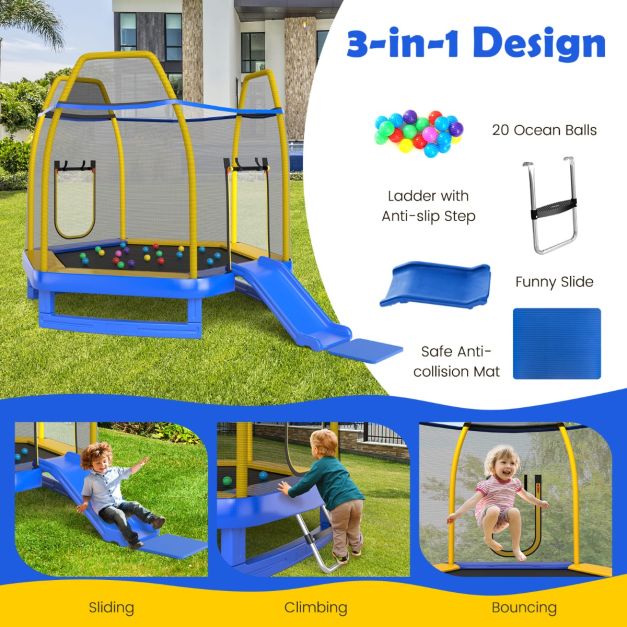 3 in 1 7FT Kids Trampoline with Slide Ladder and Ocean Balls
