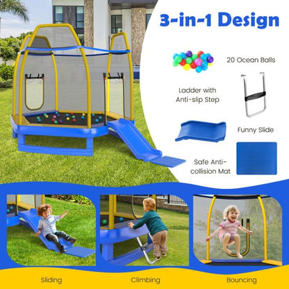 3 in 1 7FT Kids Trampoline with Slide Ladder and Ocean Balls