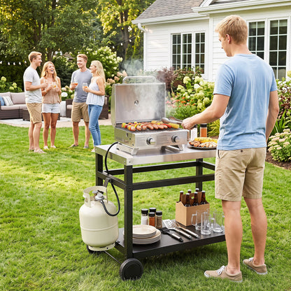 Double-Shelf Grill Table with 85 x 50 cm Stainless Steel Top