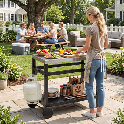 Double-Shelf Grill Table with 85 x 50 cm Stainless Steel Top