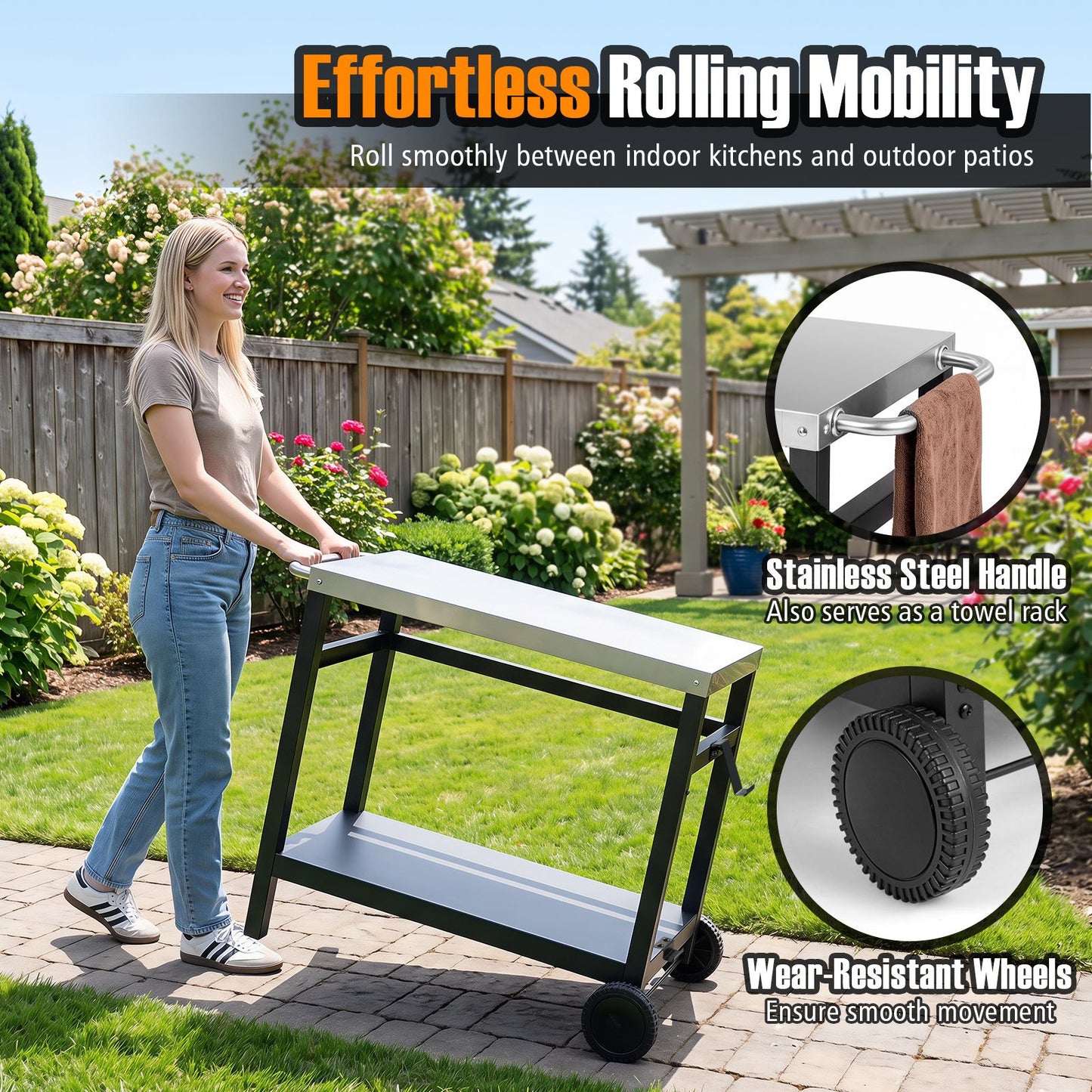 Double-Shelf Grill Table with 85 x 50 cm Stainless Steel Top