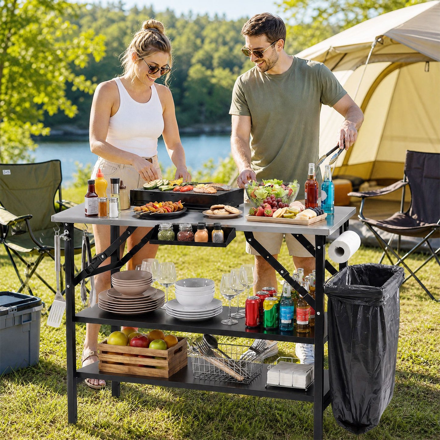 Foldable Outdoor Cook Station with 2 Removable Shelves