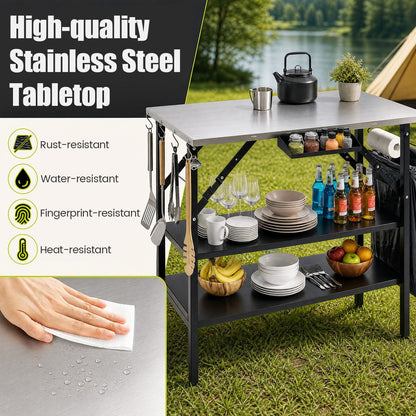 Foldable Outdoor Cook Station with 2 Removable Shelves