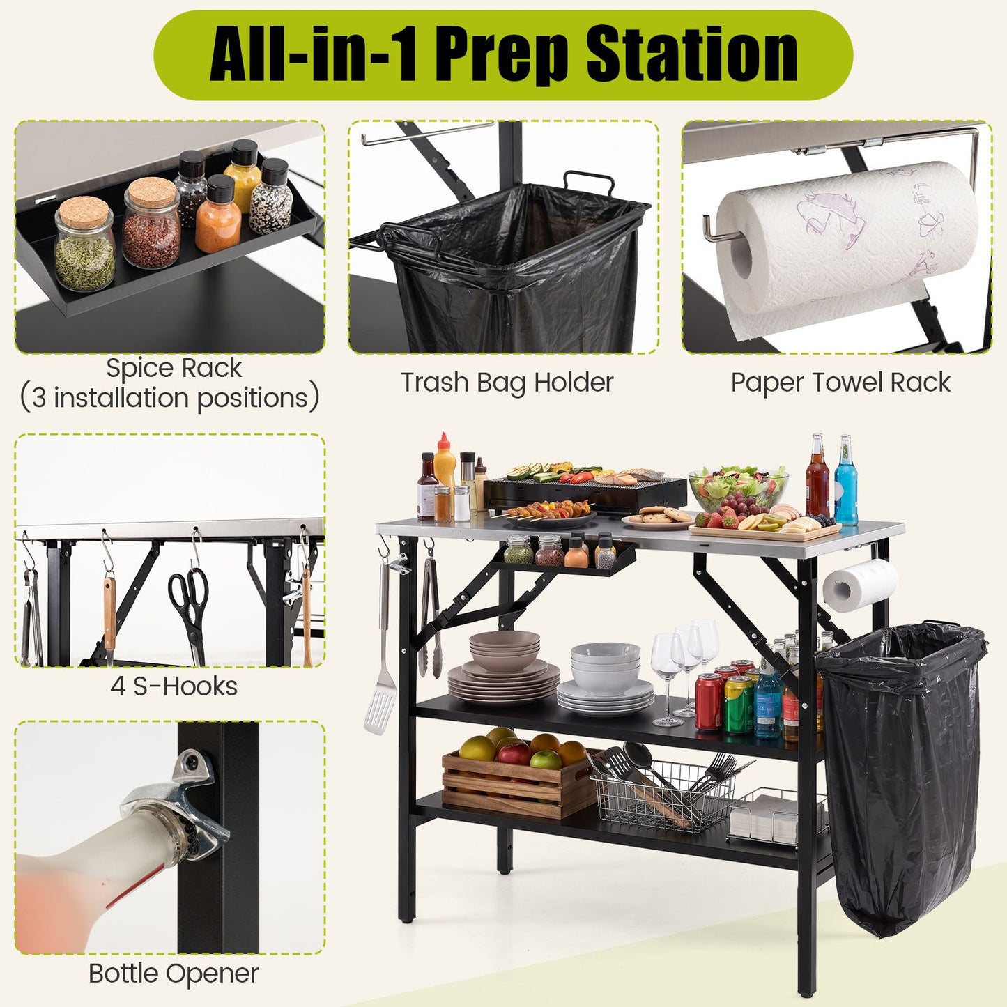 Foldable Outdoor Cook Station with 2 Removable Shelves