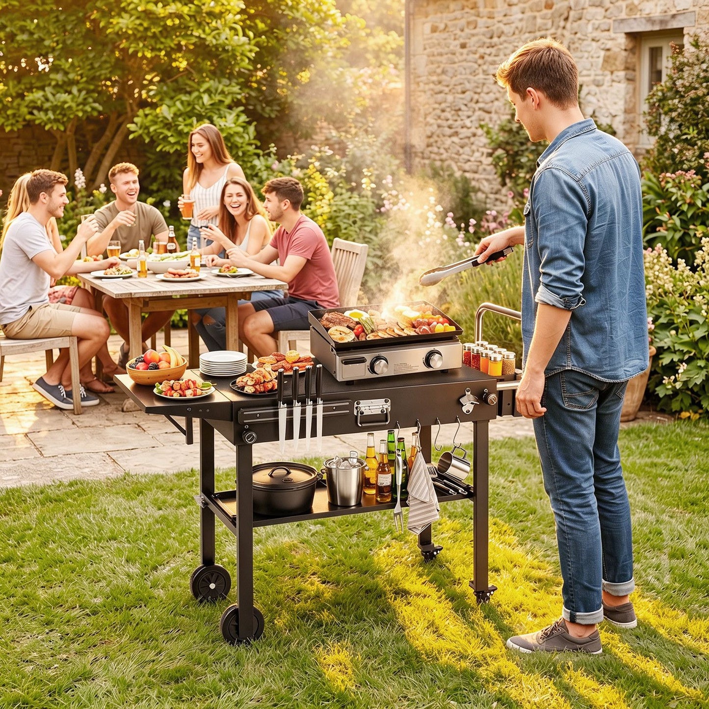 Foldable Outdoor Grill Cart with 79 x 43 CM Tabletop and Side Tray