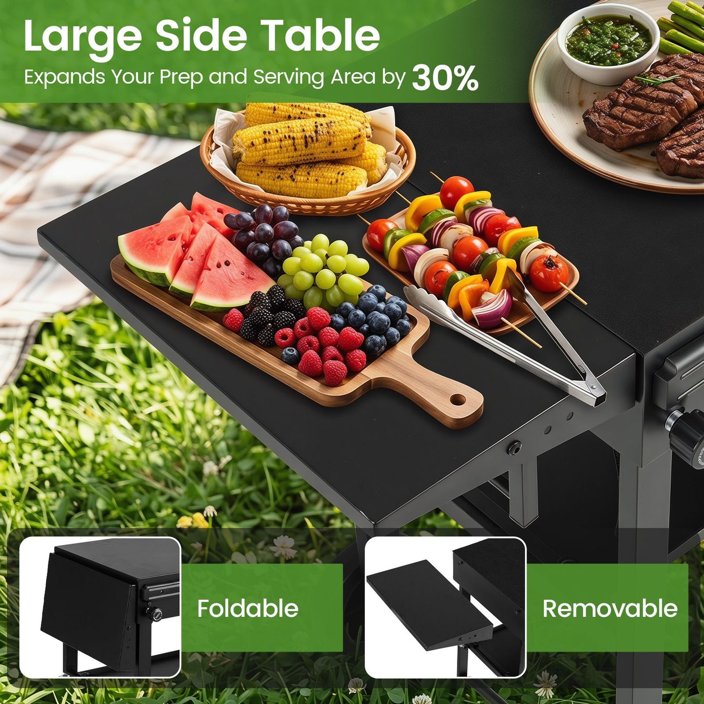 Foldable Outdoor Grill Cart with 79 x 43 CM Tabletop and Side Tray