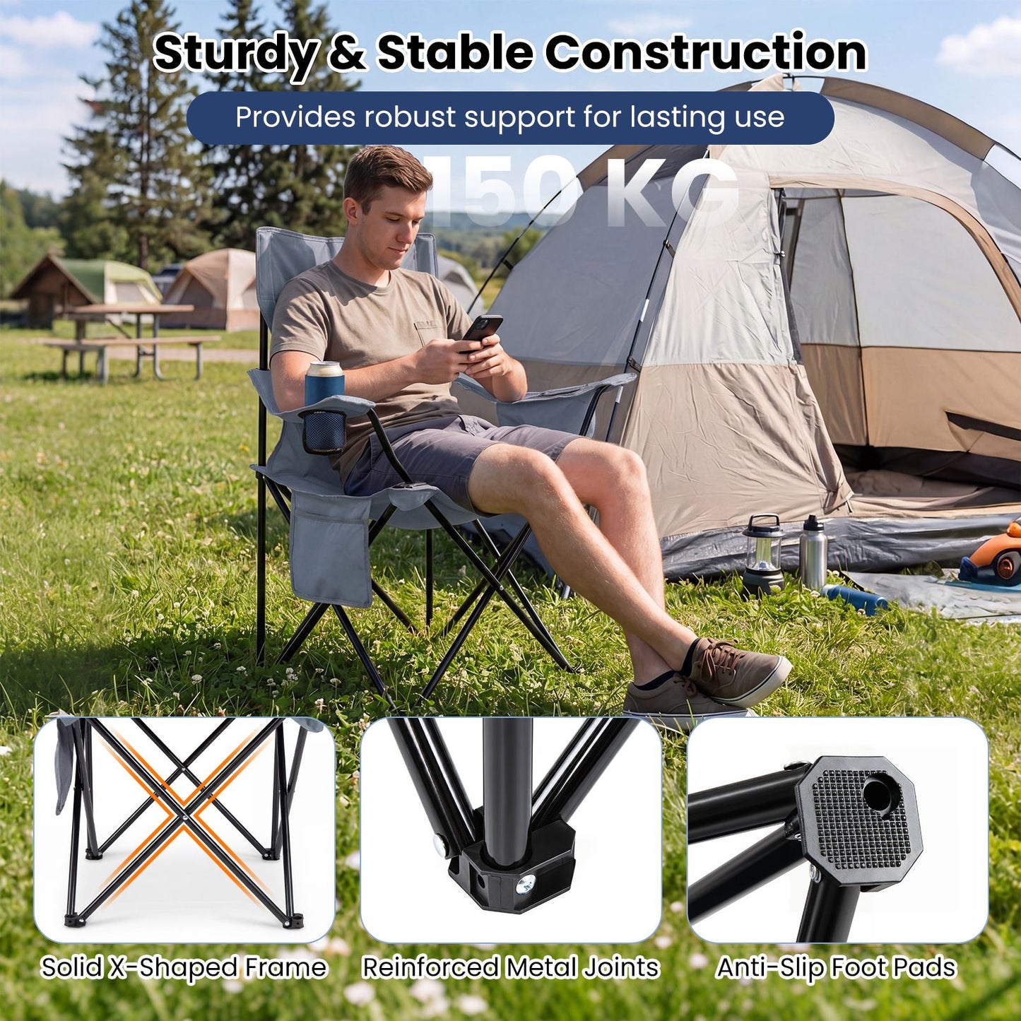 Folding Camping Chair with Mesh Backrest and Metal Frame