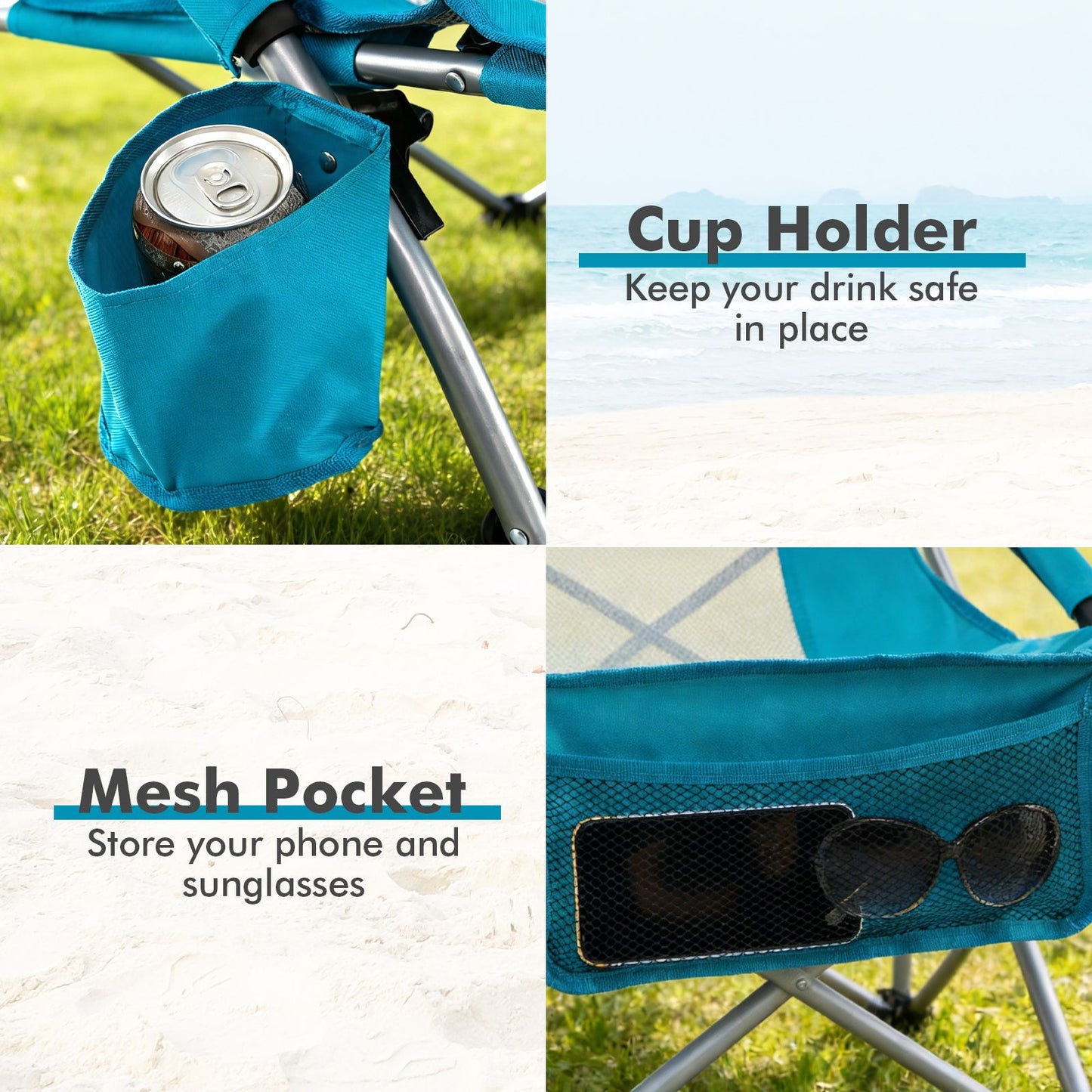 Folding Beach Chair Portable Lightweight Low Seat Chair with Padded Armrests