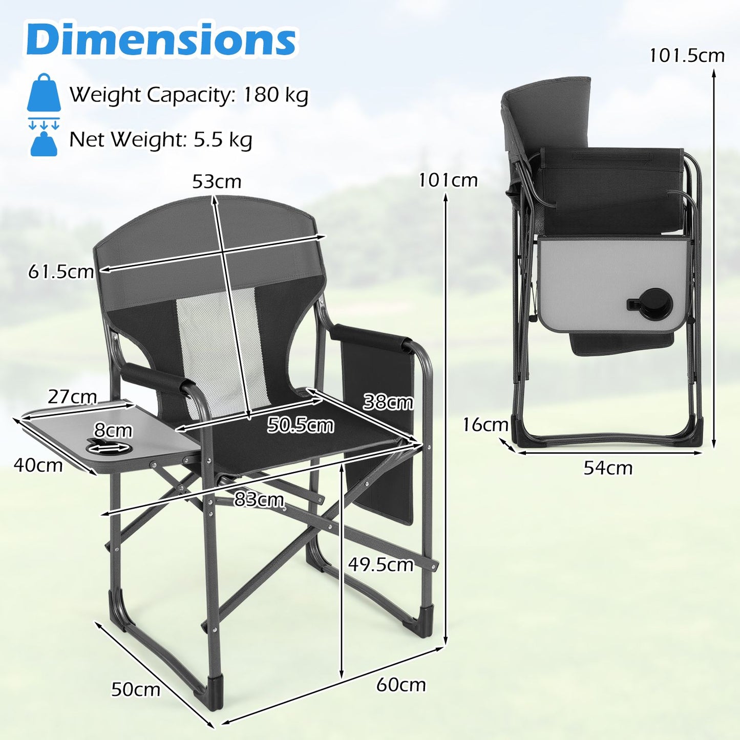 Folding Camping Chair Oversized Padded Portable Directors Chair with Side Table