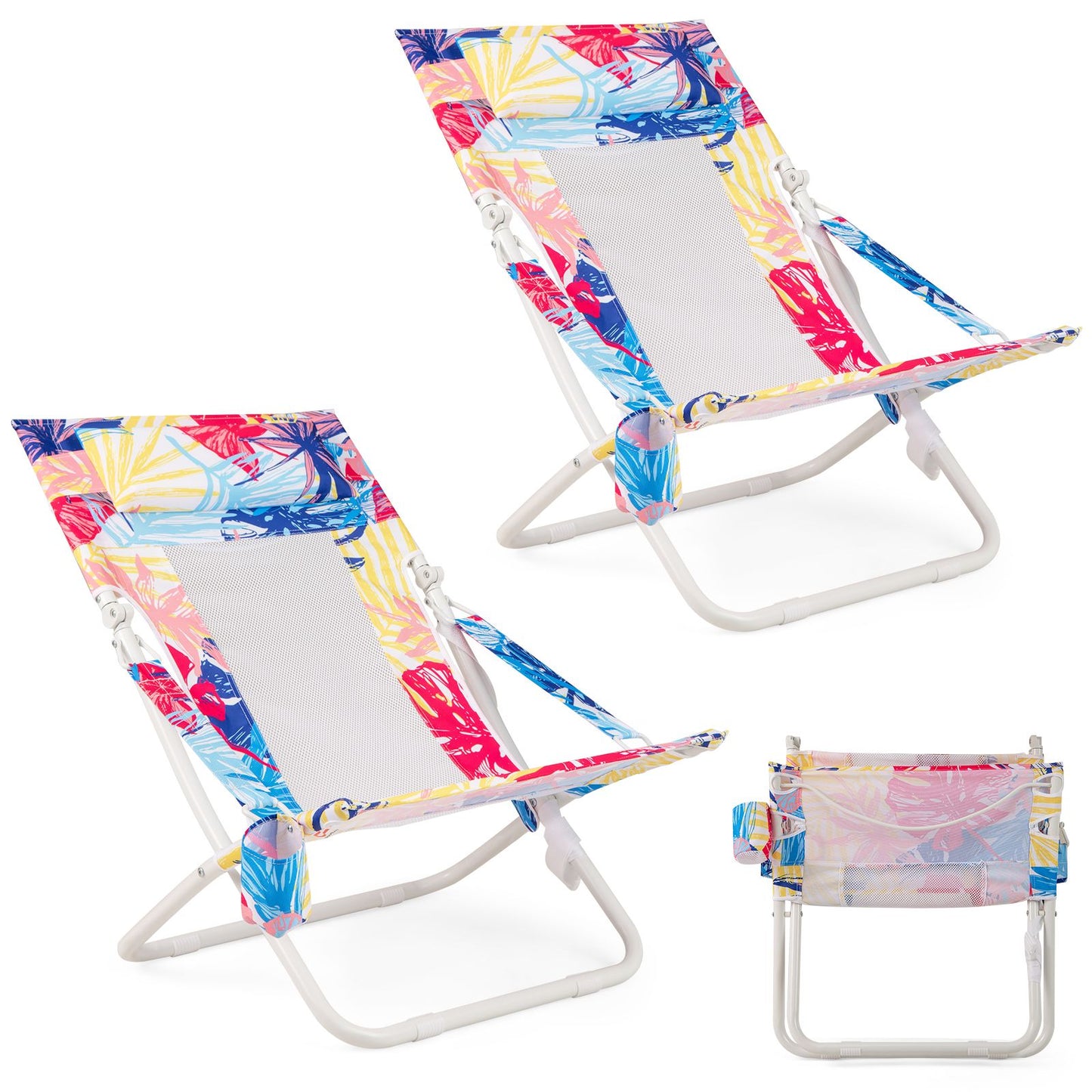 Folding Low Beach Chair Set of 2 with Padded Head Pillow