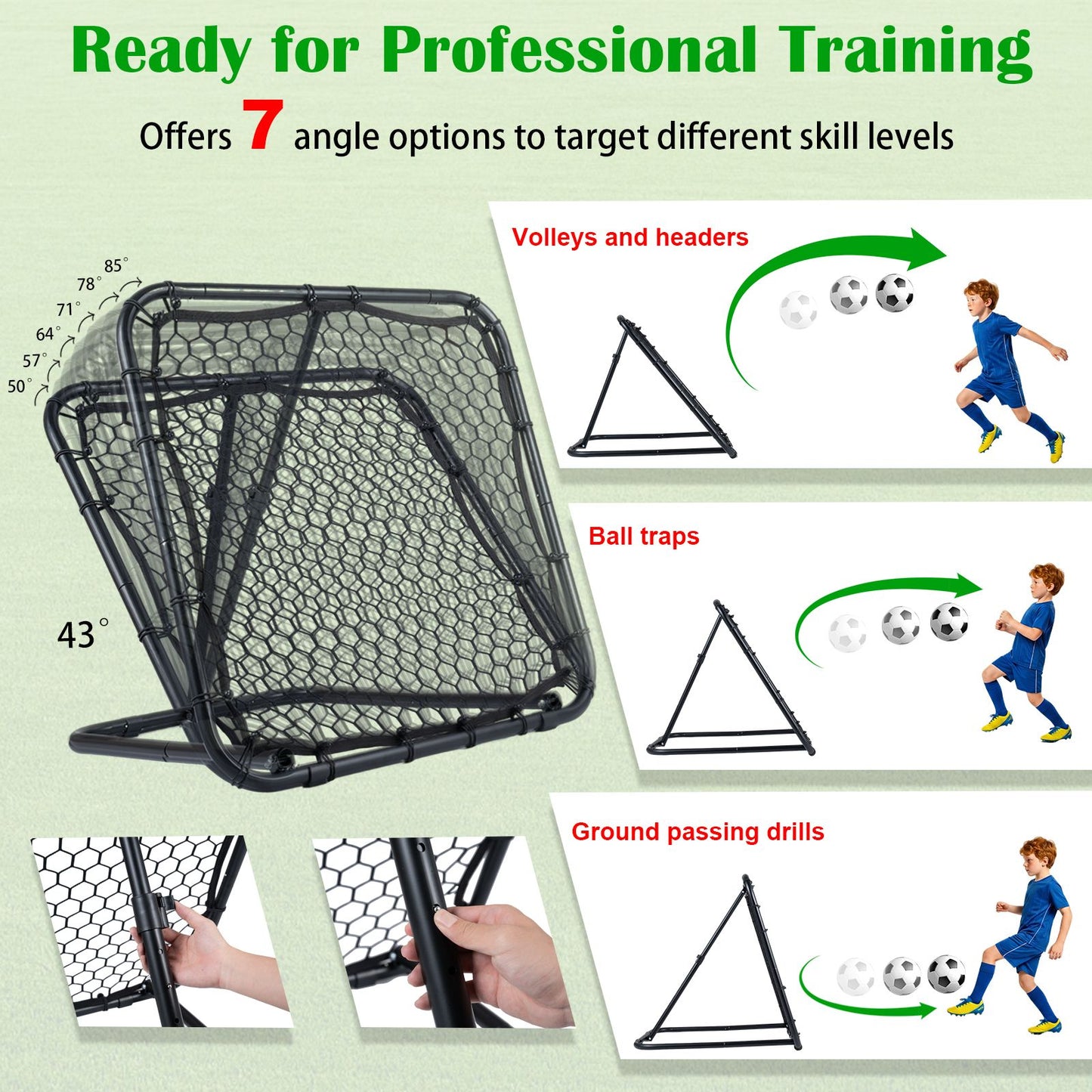 Football Rebounder with 7 Adjustable Angles and 4 Ground Stakes