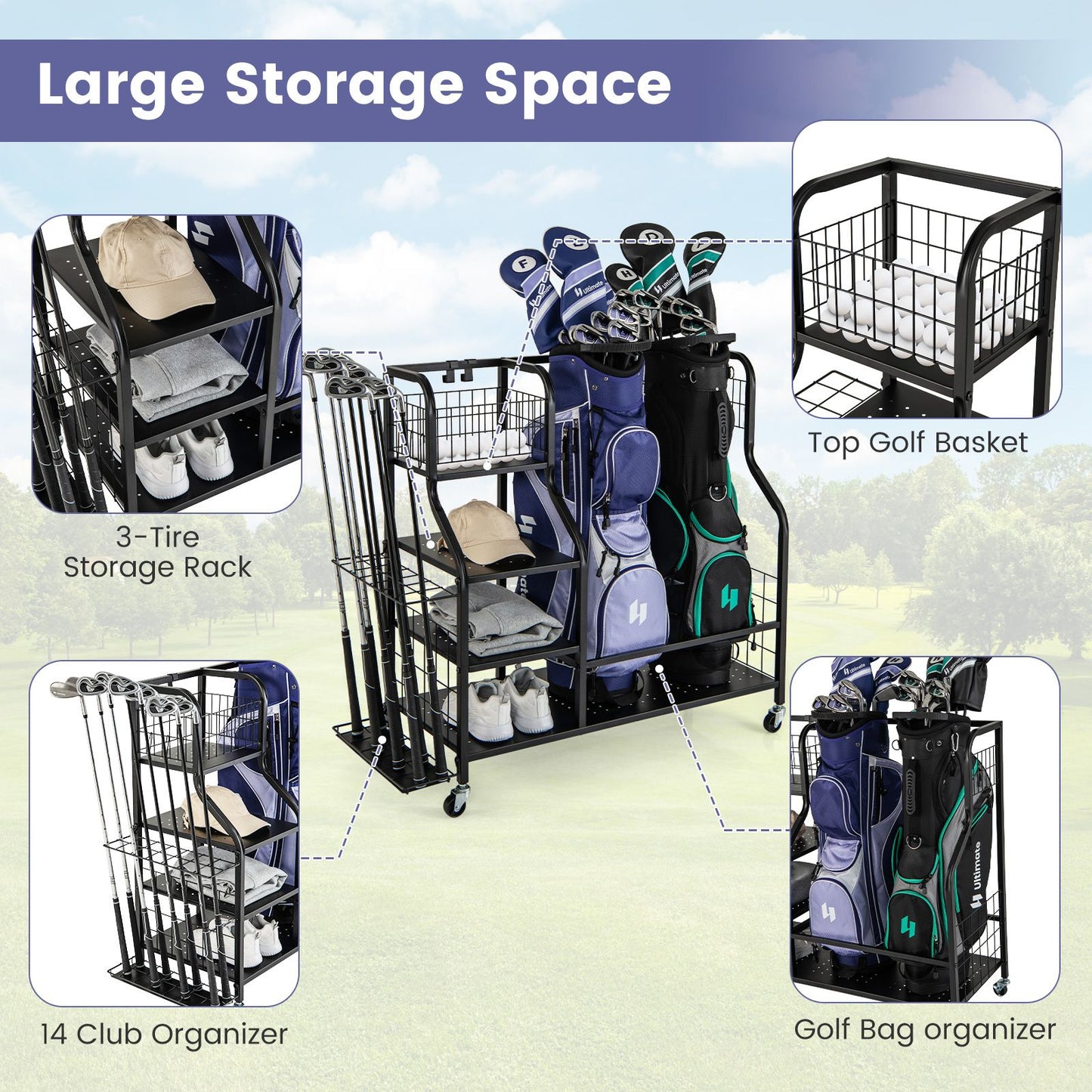Golf Bag Storage Garage Organizer with Extra Storage Rack for Golf Club