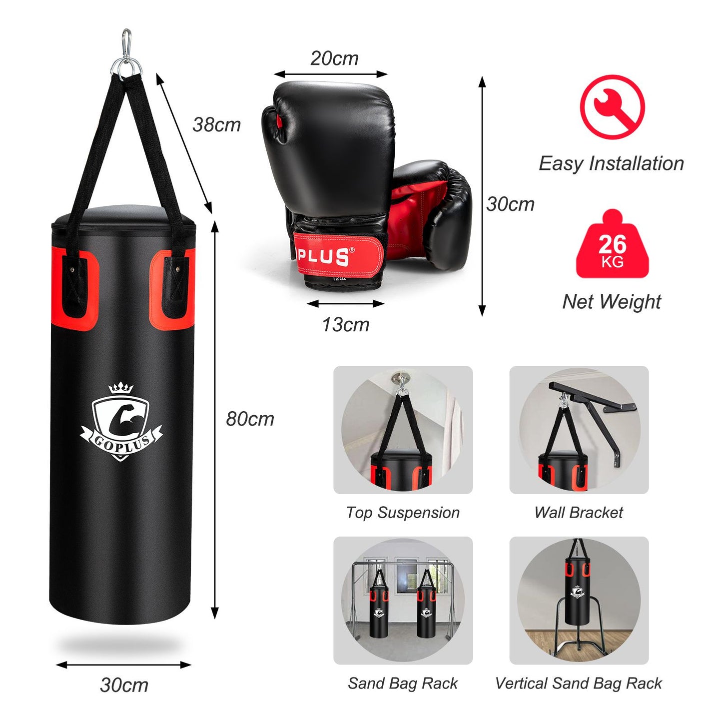 Heavy Hanging Punching Bag Set 26kg with 12oz Gloves and Hand Wraps