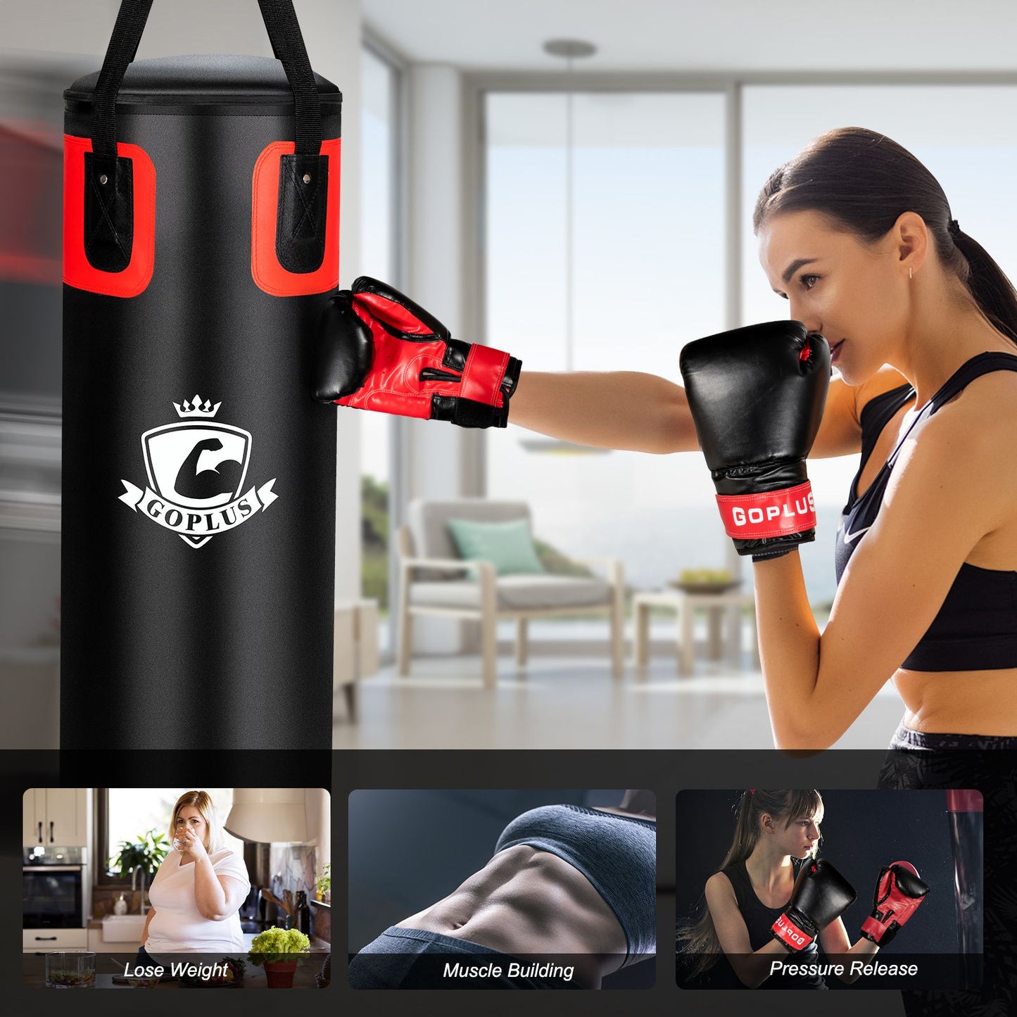 Heavy Hanging Punching Bag Set 26kg with 12oz Gloves and Hand Wraps