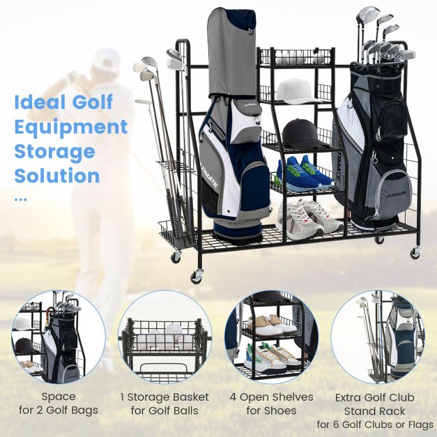 Heavy Duty Metal Double Golf Bag Storage Rack with Shelves & Lockable Wheels
