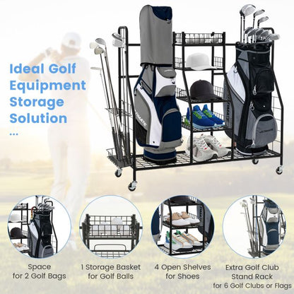 Heavy Duty Metal Double Golf Bag Storage Rack with Shelves & Lockable Wheels