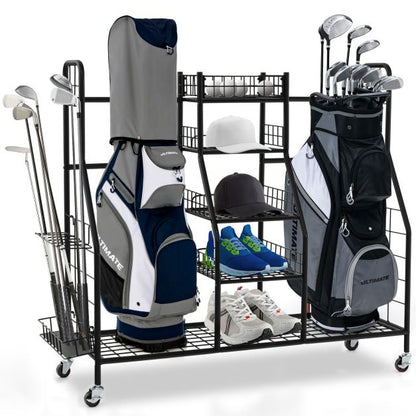 Heavy Duty Metal Double Golf Bag Storage Rack with Shelves & Lockable Wheels