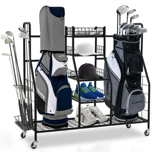 Heavy Duty Metal Double Golf Bag Storage Rack with Shelves & Lockable Wheels