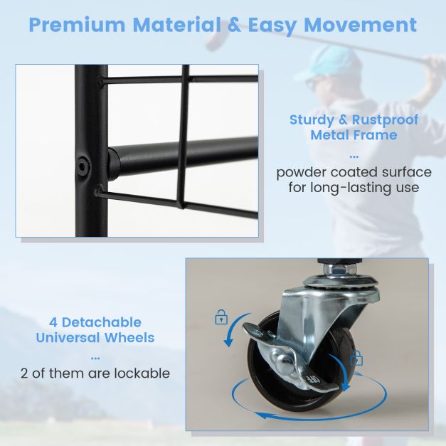 Heavy Duty Metal Double Golf Bag Storage Rack with Shelves & Lockable Wheels