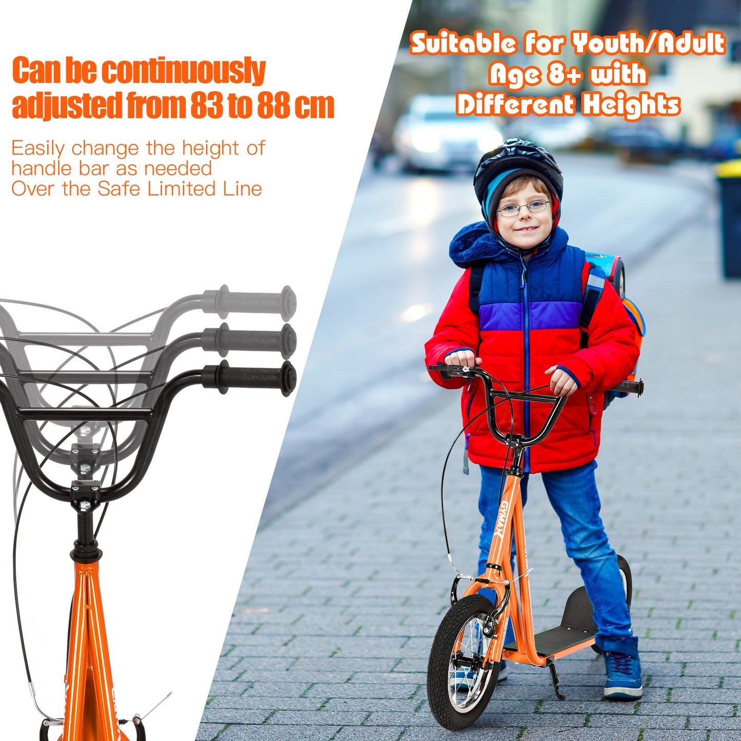 Height Adjustable Youth Scooter with 2 V-Type Handbrakes for Kids 8-12