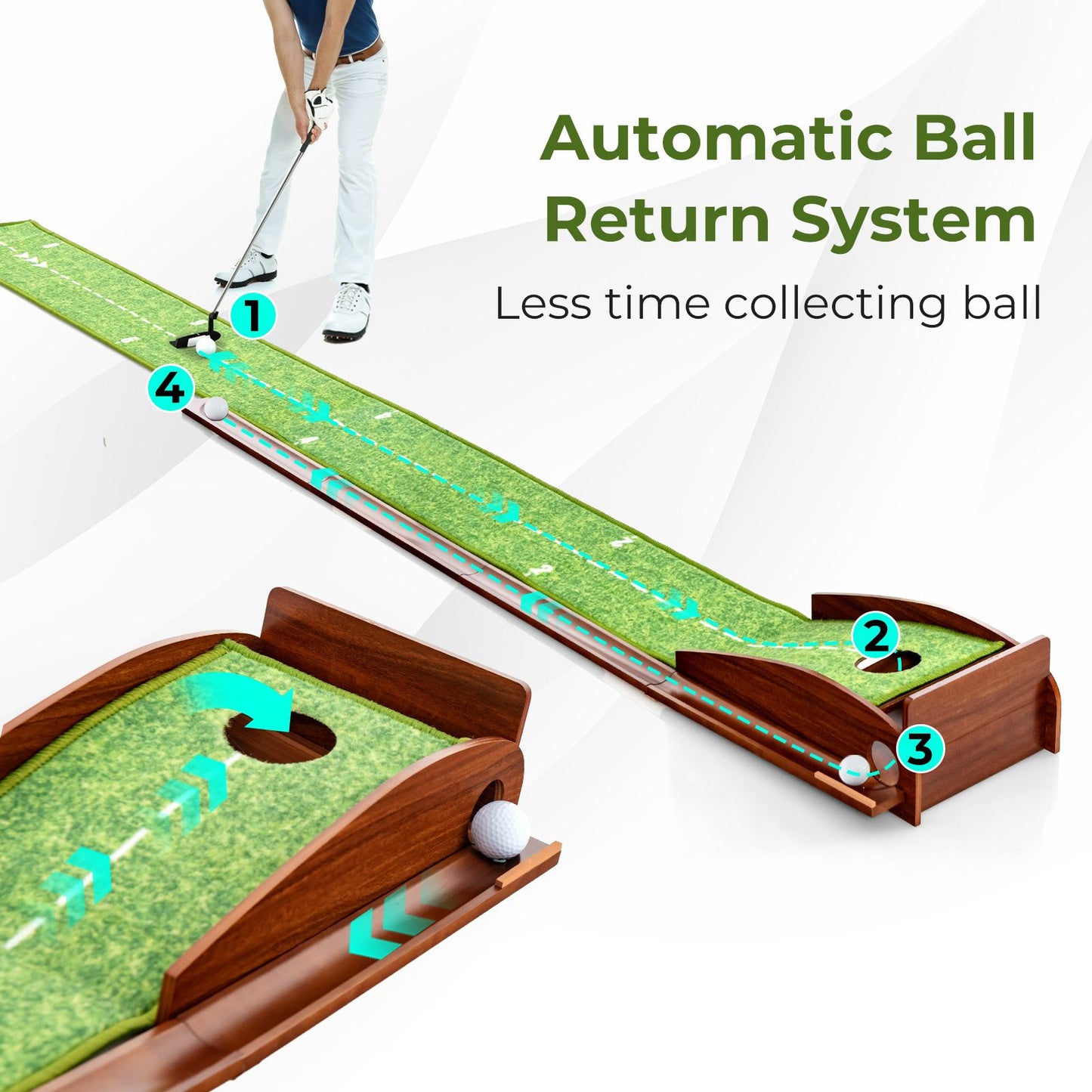 Indoor Outdoor Golf Putting Mat with Auto Ball Return and 3 Balls