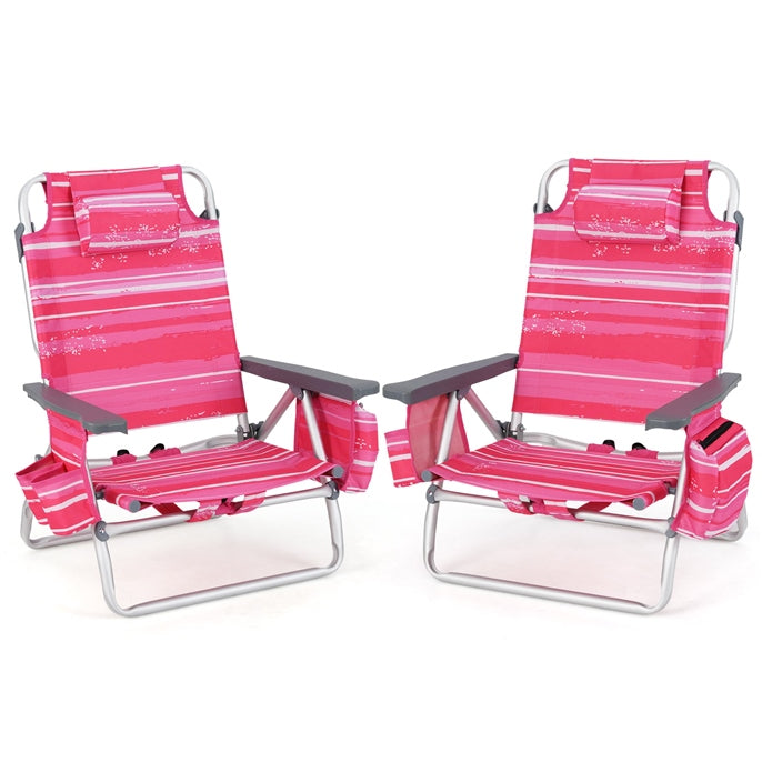 2-Pack Folding Backpack Beach Chair 5-Position Outdoor Reclining Chairs with Pillow