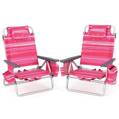 2-Pack Folding Backpack Beach Chair 5-Position Outdoor Reclining Chairs with Pillow