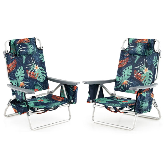 2-Pack Folding Backpack Beach Chair 5-Position Outdoor Reclining Chairs with Pillow