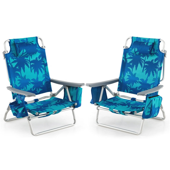 2-Pack Folding Backpack Beach Chair 5-Position Outdoor Reclining Chairs with Pillow