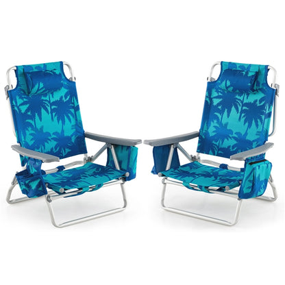 2-Pack Folding Backpack Beach Chair 5-Position Outdoor Reclining Chairs with Pillow