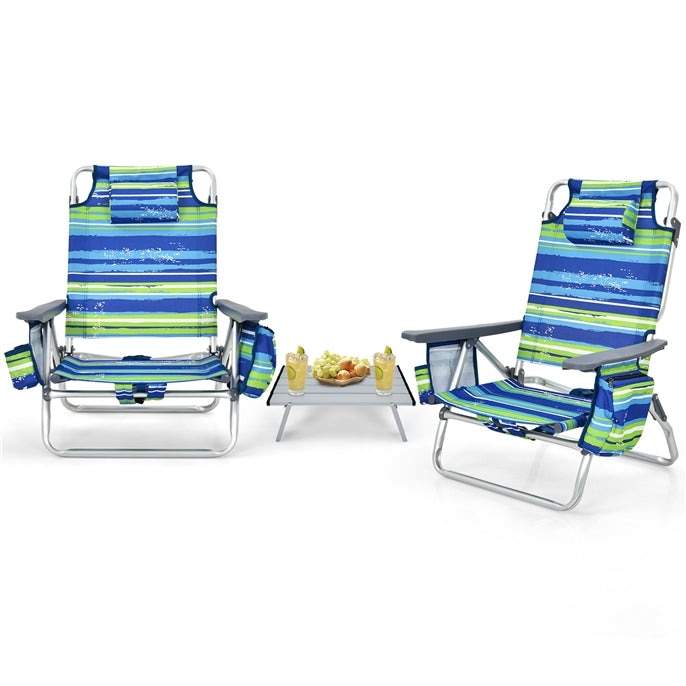 2-Pack Folding Backpack Beach Chair 5-Position Outdoor Reclining Chairs with Pillow