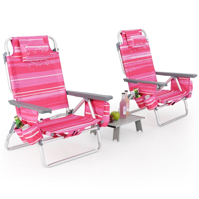 2-Pack Folding Backpack Beach Chair 5-Position Outdoor Reclining Chairs with Pillow
