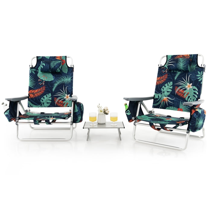 2-Pack Folding Backpack Beach Chair 5-Position Outdoor Reclining Chairs with Pillow